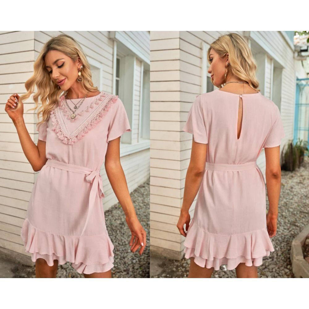 Little North Boutique Tassel Bust Wrap Bottom Dress Size Large Pink Tie‎ Waist